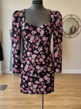 Love Republic Black Long-Sleeve Floral Sweetheart Mini Dress